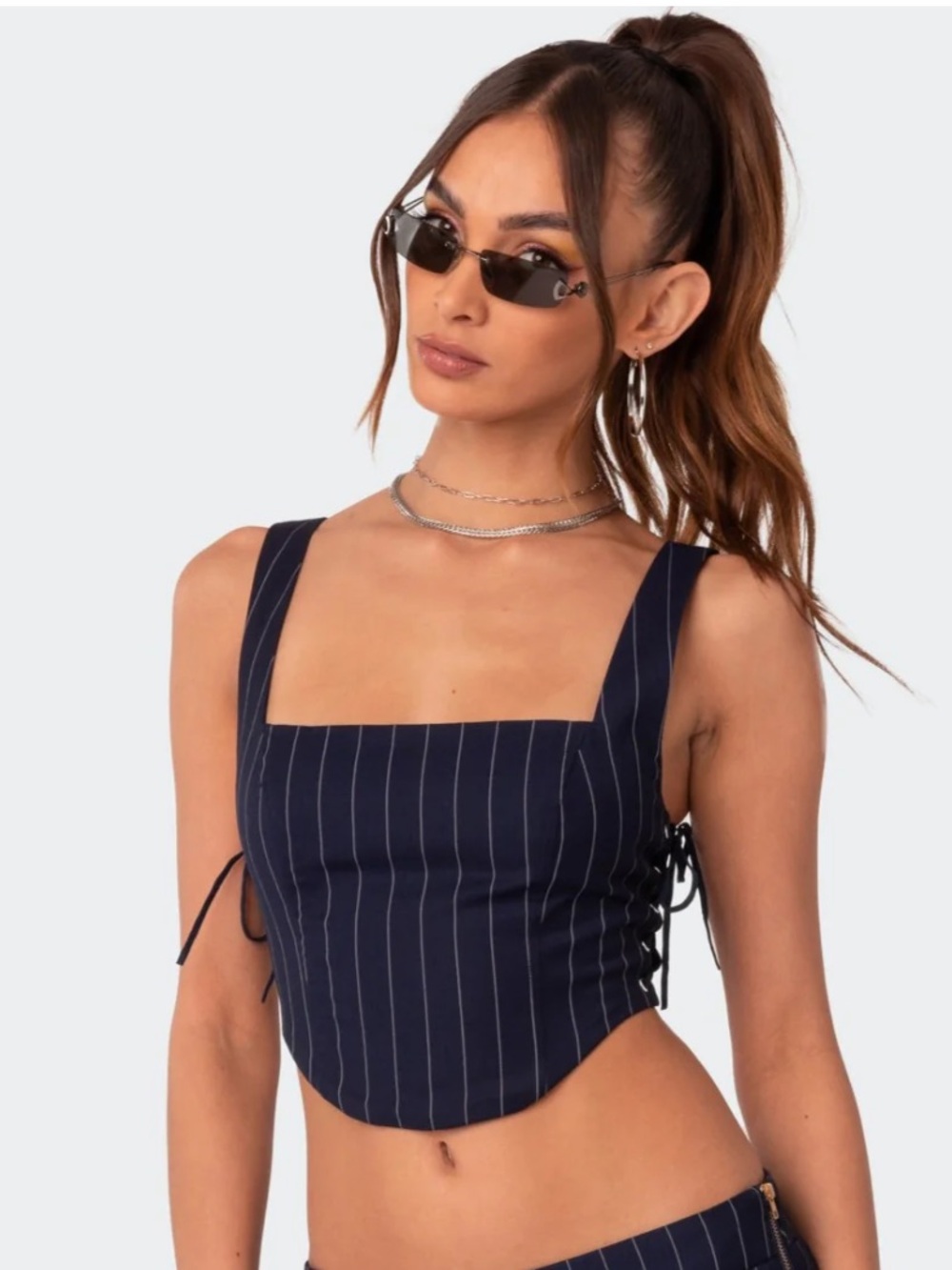 Edikted Navy Pinstripe Square Neck Crop Top- Size Small- Y2K Festival Top